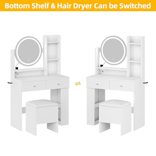 DWVO Makeup Vanity Desk with LED Lighted Mirror, White Vanity Set with Charger Station, Small Spaces Vanity Table for Bedroom, Adjustable 3 Lighting Modes, Makeup Table with Chair for Women, 31.5"