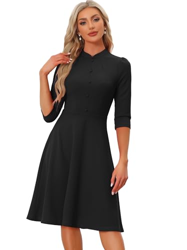 Allegra K Etuikleider für Damen 3/4 Ärmel Stehkragen Elegant Business A-Linie Kleid, Schwarz , M
