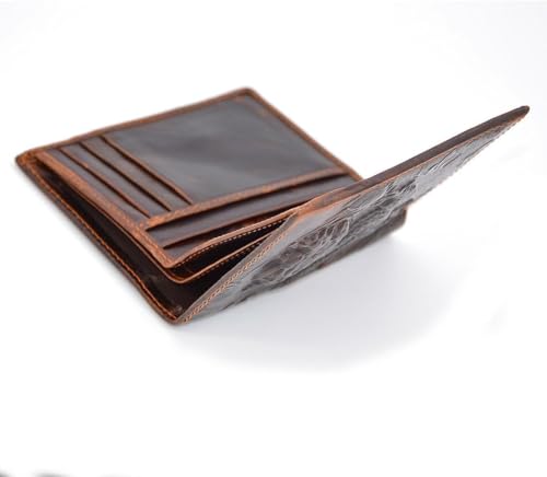 Portefeuille vintage en cuir véritable de buffle marron et motif dragon rétro