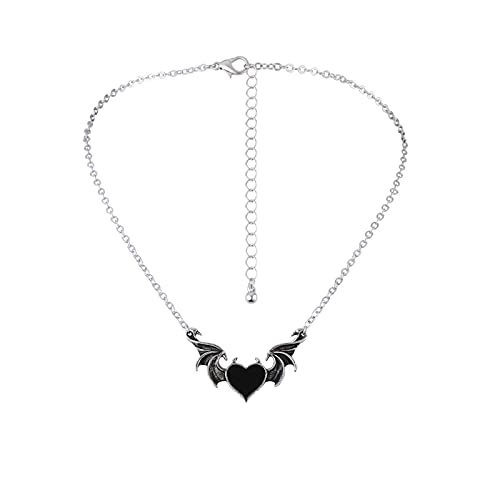 Kicomvi Evil Heart Bat Wing Necklaces Halloween Punk Demon Dragon Wing Love Heart Blue Evil Eye Pendant Necklace Couple Family Friendship Necklace Jewelry-black