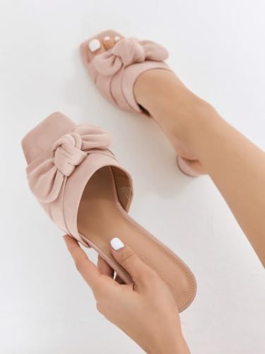 Image of Coutgo Womens Bow Slides Sandals Wide Width Slip On Chunky Low Heels Square Open toe Elagant Summer Shoes