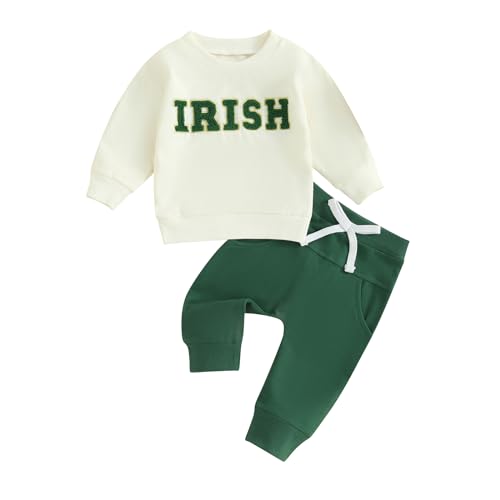 SAYOO Toddler Baby Boy St Patricks Day Outfit Lucky Irish Shamrock Embroidery Sweatshirt Top Long Sweatpants 2Pcs Clothes (White Green, 6-12 Months)