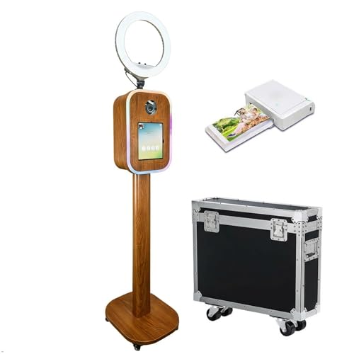 Kinect Moment 2-in-1 Portable Photo Booth Machine – Compatible with Ipad 10.2-13 & DSLR Camera, with Flight Case, App Control RGB Light for Parties/Events (Wood Grain Photobooth Machine with Printer)