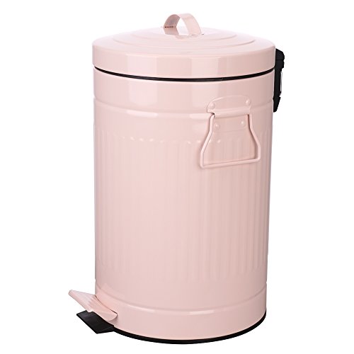 Bathroom Trash Can with Lid, Pink Bathroom Bedroom Waste Basket, Round Waste Bin Soft Close, Small Retro Vintage Home Metal Garbage Bin for Office Foot Pedal Step, 12 Liter/3 Gallon, Glossy Pink