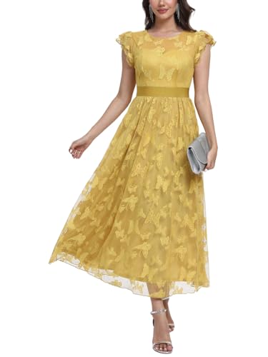 Image of Women's Casual Tulle Midi Dress Ruffle Sleeve Crewneck Lace Flowy Dresses Party Wedding Guest Sundress