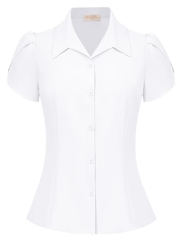 Belle Poque Summer Short Sleeve Button Down Blouse for Women V Neck Vintage Business Casual Shirts Tops