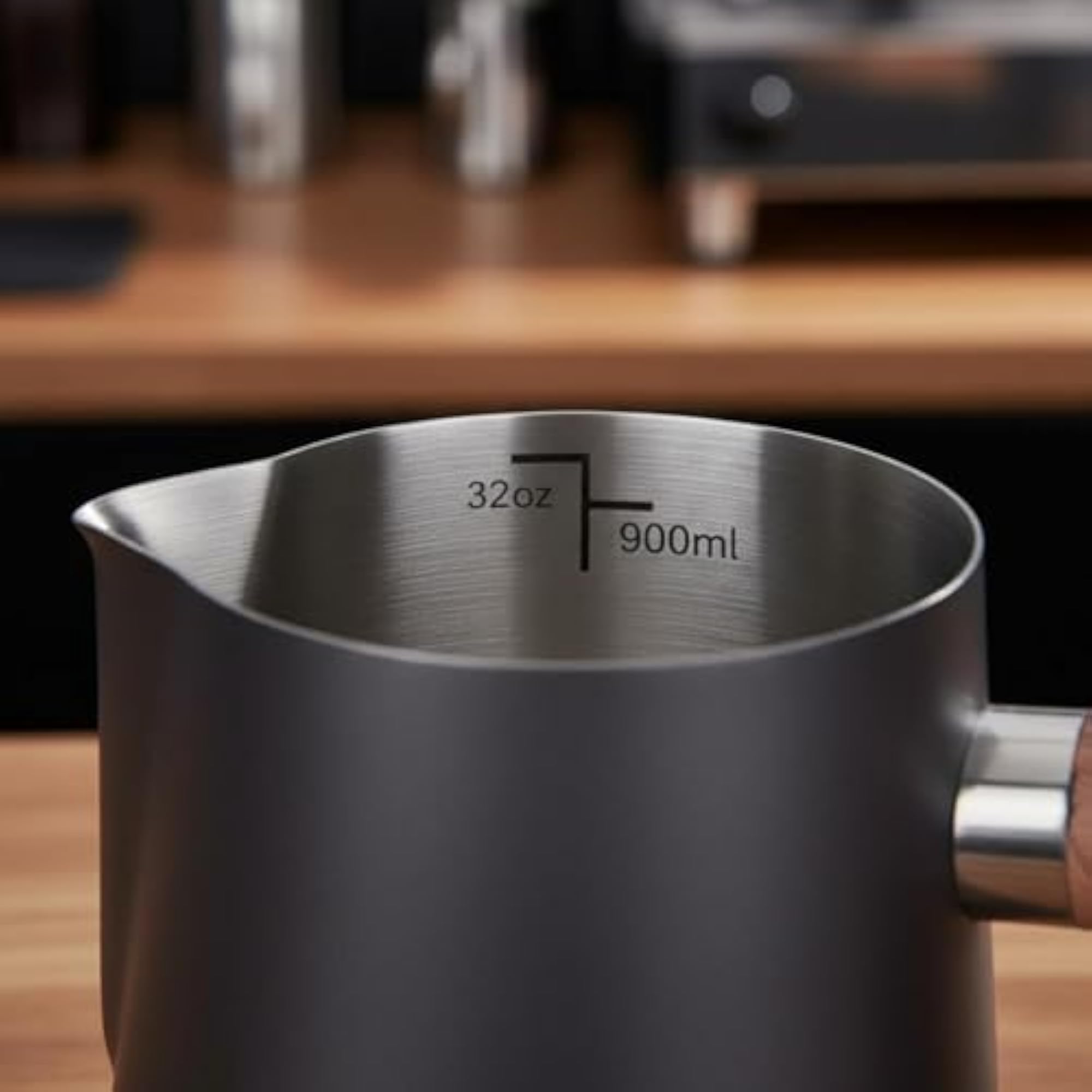 Latte Art Jug with Wooden Handle, Stainless Steel Frothing Pitcher