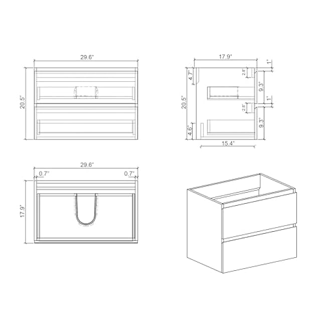 30W Pre - Assembled Gray Wall - Mount Cabinet with 2 Drawers, No Basin