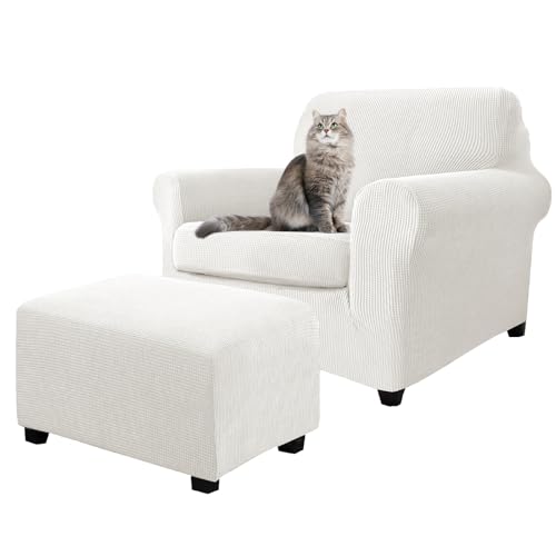 KSLHRCB 3 Piece Stretch Matching Chair and Ottoman Slipcover Set, Jacquard Arm Chair/Ottoman/Fitted Seat Covers, Non-Slip Accent Armchair and Foot Stool Slip Cover (Ivory,3 Pieces Set)