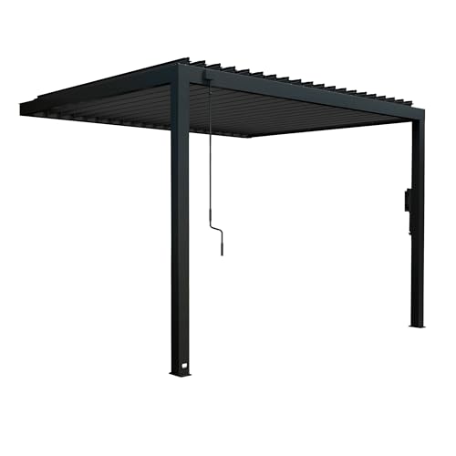 Image of Backyard Discovery Evanston 12'x10' Galvanized Steel Wall-Mounted Louvered Pergola Kit with Adjustable Roof, Shade, Rain Protection, High-Wind Rating, PowerPort, Gutter System for Outdoor Patio, Deck