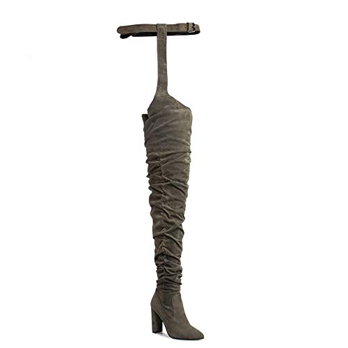 YIYA Slouch Over The Knee Boots for Women Suede Combat T-Tied Belt Thigh High Boots Sexy Pointed Toe High Heel Long Boots