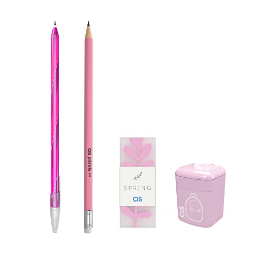 Kit Escolar CIS Colors Rosa 4 peças (1 lápis, 1 caneta CIS Spiro Clean, 1 borracha CIS Spring e 1 ap