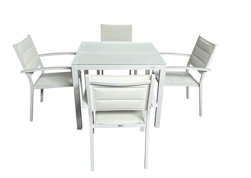 MOMMA HOME Set Mesa y sillas terraza, Conjunto Muebles Jardín Exterior 5 Piezas, Estructura de Aluminio, Mesa y Sillas Terraza Impermeables, Resistentes a Intemperie y Exterior (Blanco) - imagen 5