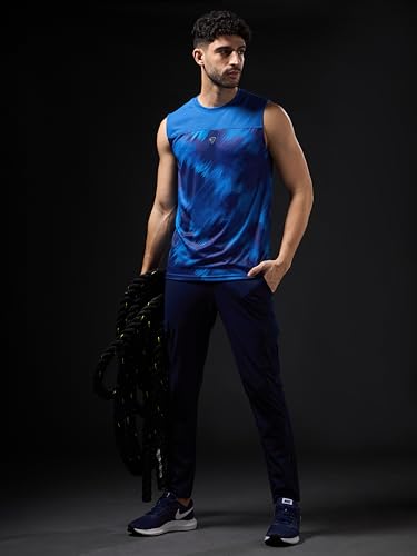 Image of TECHNOSPORT Men Polyester Slim Fit Crew Neck Printed Sleeveless Vest with Anti-Microbial, Odour Free for Gym, Workout and Sports