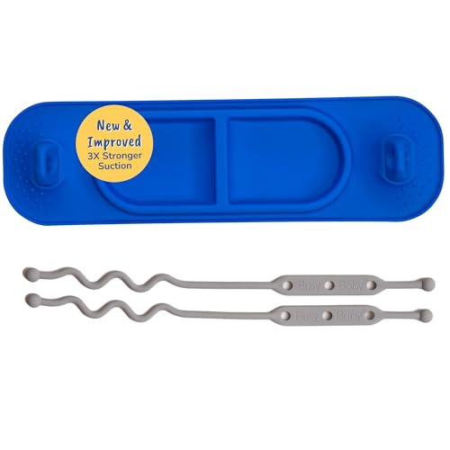 Image of BUSY BABY Silicone Mini Mat - New and Improved Suction Cups, 2 Straps to Secure Baby Essentials, Self Feeding, Baby Led Weaning, Travel Wet Bag Included (Blue Mini)