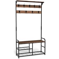 VOUNOT Perchero de Pie con Zapatero, Perchero Burro Entrada Recibidor con Banco 3 Estantes 9 Ganchos, Colgador para Zapatos Ropas Estilo Industrial 185x85x33cm