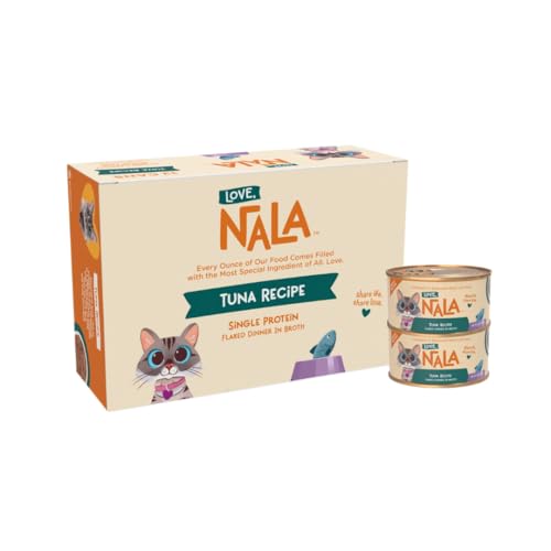 LOVE NALA - Single Protein Tuna Flaked Wet Cat Food - Hydration Broth Natural Grain-Free Non-GMO No Gums No Carrageenan Human-Grade Tuna Added Vitamins & Minerals - 2.8 oz 12 Cans