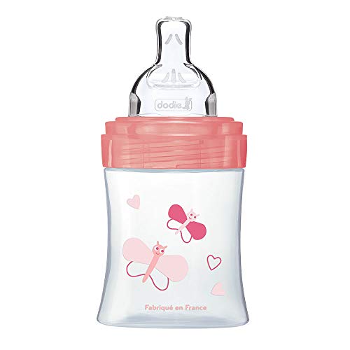 Dodie - Biberon Anti-Colique Sensation+, Rose JARDIN, 150 ml, 0-6 mois, Tétine Plate, Débit 1