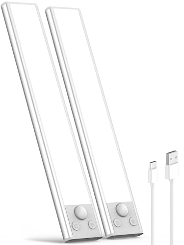 Demkia Lampe LED Rechargeable Cuisine Reglette, USB Sans Fil Lampe Detecteur de Mouvement Interieur 3 Couleurs Dimmable Placard Eclairage Magnétique Lampe d'Armoire pour Escalier Dressing, 2 Pack