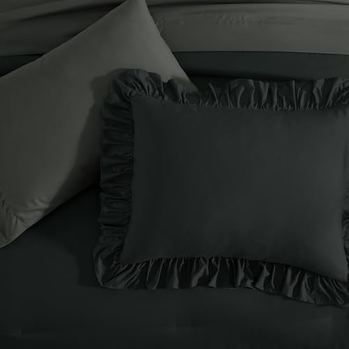 Image of King Size Comforter Set Black Ruffle 7 Pieces Farmhouse Bed in a Bag | Shabby Chic Fluffy All Season Bedding Sets with Sheets, Pillowcases & Shams