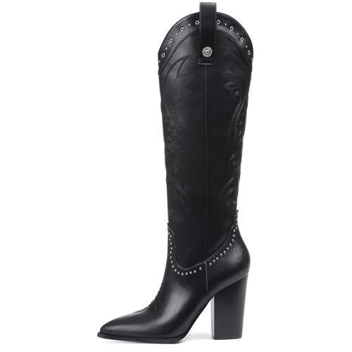 Image of VOMIRA Knee High Cowboy Boots for Women Pointed Toe Chunky High Heels Pull-on Embroidered Boots Western Boots Wide Calf Cowgirl Boots