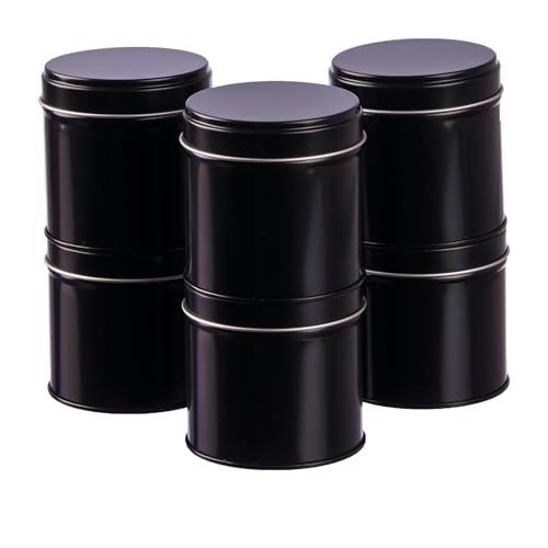 6er Pack Gewürzdosen schwarz stapelbar mit extra Aromadeckel inkl. 6 Etiketten + 2 Streueinsätze | Höhe: je ca. 6,5 cm, Ø je ca. 6,6 cm | BPA-frei und lebensmittelecht