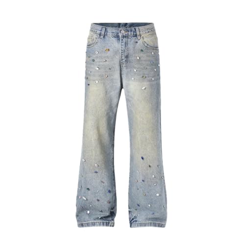 Men Full Rhinestone Beaded Baggy Jeans Drill Peal Denim Trousers Streetwear Harajuku Straight Loose Cargo Pants