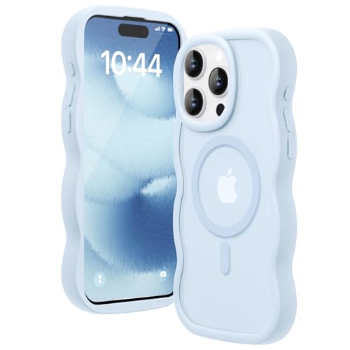 Amzfield Magnetic for iPhone 15 Pro Max Case Compatible with Magsafe Wavy Frame Cute Translucent Matte Hard Back Silicone Bumper Shockproof Phone Case for iPhone 15 Pro Max Women Girls Light Blue