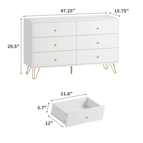 CARPETNAL White Dresser for Bedroom, 6 Drawer Dresser with Wide Drawers and Gold Metal Handles, Wood Dressers & Chest of Hallway, Entryway.