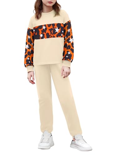 Girls Clothes Leopard Patchwork Sweatshirt Elastic Waist Sweatpants with Pockets 2PCs Girls' Clothing Sets