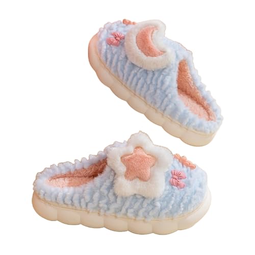 Women's Cute Star Moon Slippers with Bow Plush Cozy Warm Indoor House Shoes for Winter - Main Image