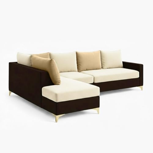 Image of FURNY Gloriss 6 Seater Fabric LHS L Shape Sofa Set with Multi-Color Beige Cushions (Cream-Dark Brown) Premium Velvet Finish with Golden Legs | Ideal for Living Room, Offices