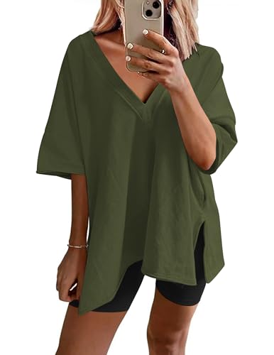 Image of Ekouaer Womens Pajamas 2 Piece Lounge Sets Oversized V Neck T-Shirts Tops Biker Shorts Set Workout Reversible Tracksuit Army Green /Black