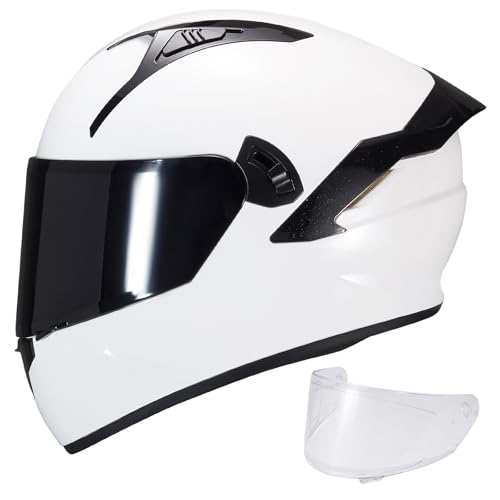 VCOROS Full Face Dual Visor Motorcycle Helmet for Adults Motorbike Street Bike Racing Helmets X9 DOT Approved with Black Visor (X9 Gloss White, Large)