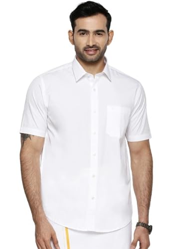 Image of RAMRAJ COTTON Men White Half Sleeve Shirt Crafted For Comfort| Durability| And Timeless Everyday Style