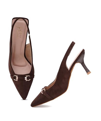 Image of JM LOOKS Women's Sophisticated Pointed Toe Slingback Kitten Heels with Metallic Buckle Accent for Professional and Evening Elegance
