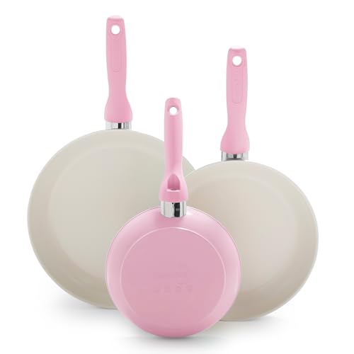 Image of GreenPan Rio Hard Anodized Healthy Ceramic Nonstick, 7 inch 9.5 inch and 11 inch 3 Piece Frying Pan Skillet Set, Soft Grip Handle, PFAS-Free, Dishwasher Safe, Oven Safe, Pink