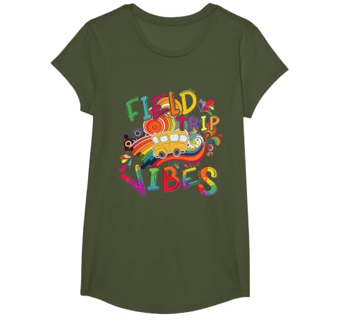 Funny Field Trip Vibes Field Day 2024 Boys Girls Students T-Shirt, Girls, Olive Green, Small