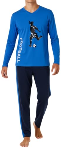 In One Clothing - Jungen Schlafanzug lang, weicher Single-Jersey aus 100% Baumwolle - mit Fussball Motiv und dunkelblau/blau gestreifter Hose Grösse...