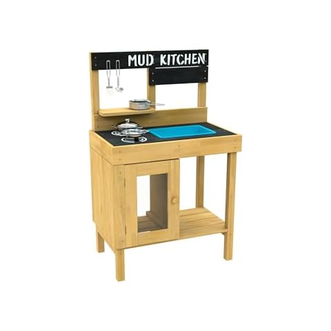 TP Toys Junior Cook Wooden Mud Kitchen - FSC Certified Timber. Includes A Starter Set of Stainless Steel Pans & Utensils. Predrilled Holes and Easy Slot Frame, Perfect for Sand Play - 3 Years+ Cover