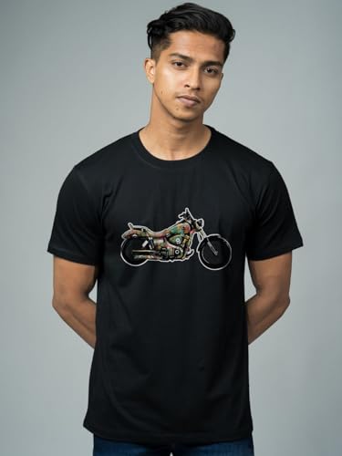 Image of T-Shirt for Men - 100% Cotton Ladakh Motorcycle Rider Half Sleeve Round Neck Graphic Print | Regular & Oversized Fit | 180 /220 GSM | S-5XL | Black, Navy Blue, Olive, Red, White