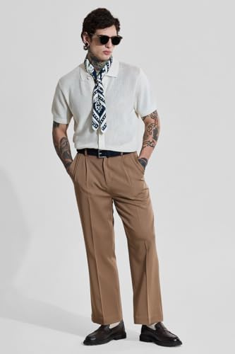 Image of SNITCH Men Bordeaux Trousers | Relaxed Fit High Rise Pleated Front with Turned-Up Cuffs | Smooth Polyester Fabric for Casual & Formal Wear | Summer Style