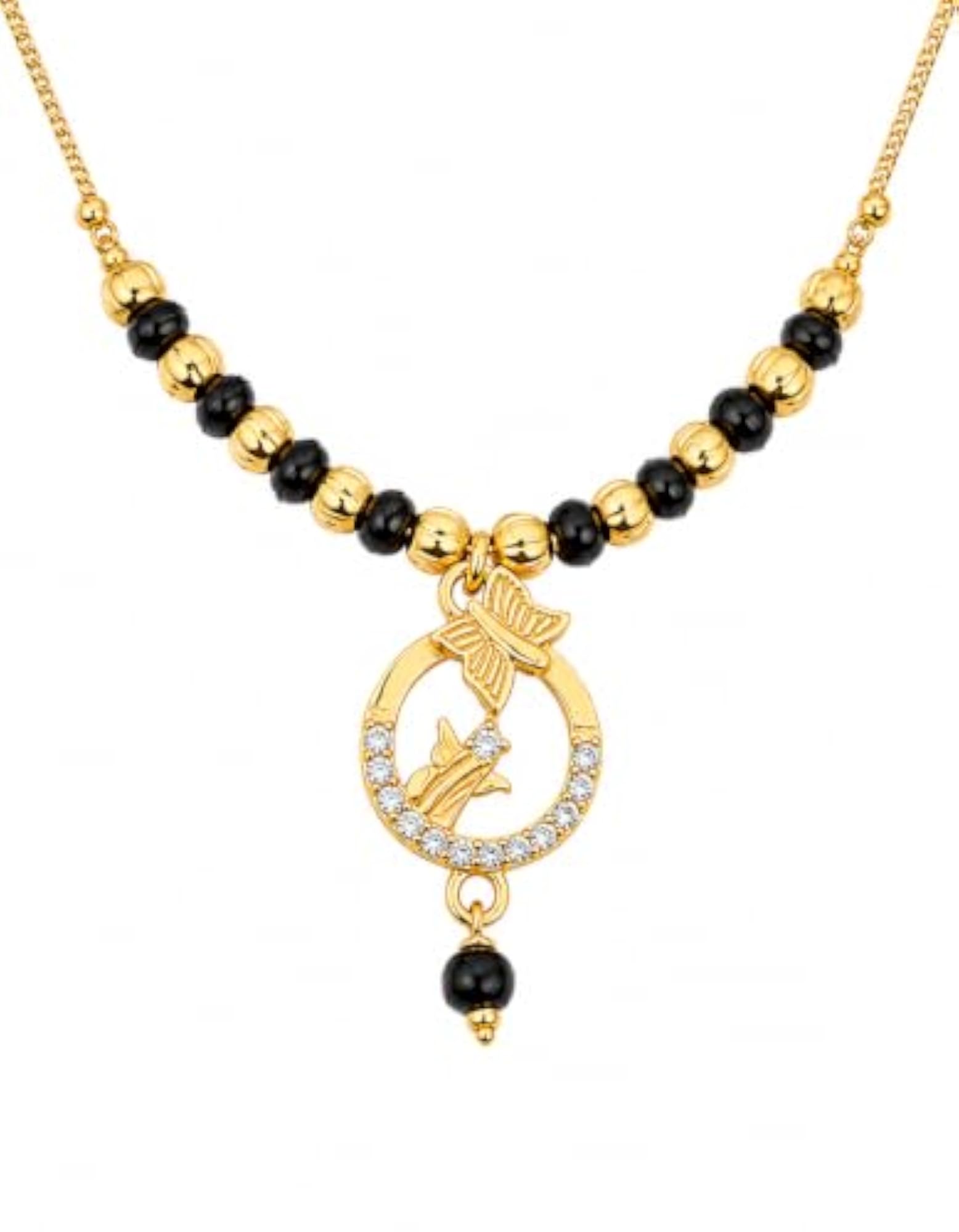 Women's Designer Gold Plated Mangalsutra with Black Beads and American Diamond Pendant