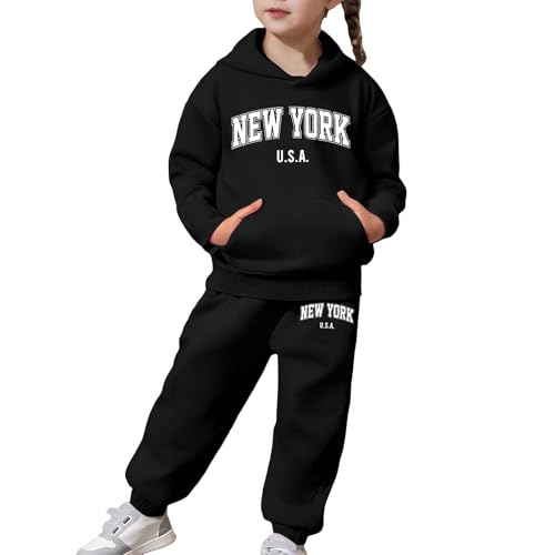 Girls Jogger Set - 2 Piece New York Letter Print Graphic Pullover Hoodie Sweatshirt Sweatpants Sweatsuit Outfits 2-13Years2