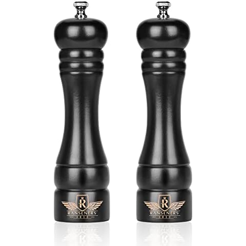RANSENERS Salt and Pepper Mills Gift Set, Beech Wood, 220mm, Efficient Ceramic Grinder and Stainless Steel Grinder, Fineness Adjustable Cover
