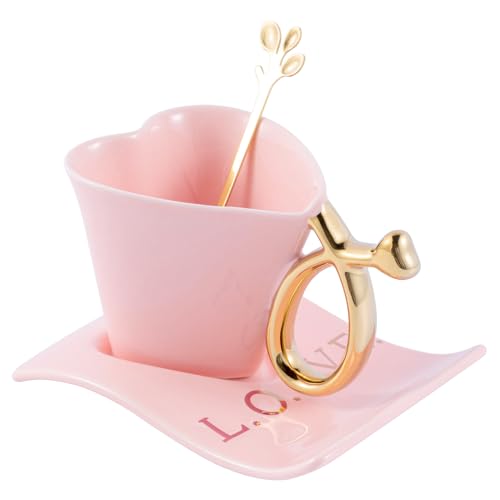 Winlauyet 135 ml / 4.56 oz Porcelain Espresso Cups Heart-Shaped Cup Mug with Saucers and Spoon Ceramic Coffee Tea Cups (Pink)