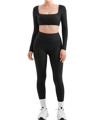SUUKSESS Women 2 Piece Workout Sets Compression Tummy Control Leggings with Pockets Long Sleeve Square Neck Padded Crop Tops