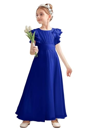 Ruffle Sleeves Junior Bridesmaid Dresses for Girls Ruched Long Formal Wedding Guest Dress with Bow Belt