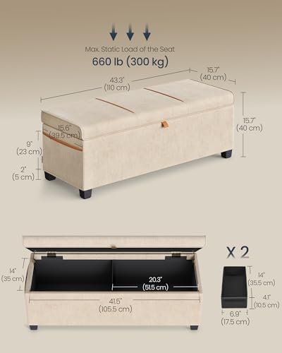 SONGMICS HOME Storage Ottoman Bench, Storage Chest, 15.7 x 43.3 x 15.7 Inches, End of Bed Bench, 27 Gal. (103 L), for Bedroom, Entryway, Living Room, Cappuccino Beige ULSF533L01