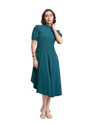 Image of PURVAJA Women's Fit & Flare Knee Length Short Sleeve Turtle Neck Solid Dress